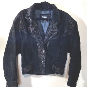 Vintage 80's Giovanni Gorgeous Floral Black Suede Cropped Jacket Size L HTF!